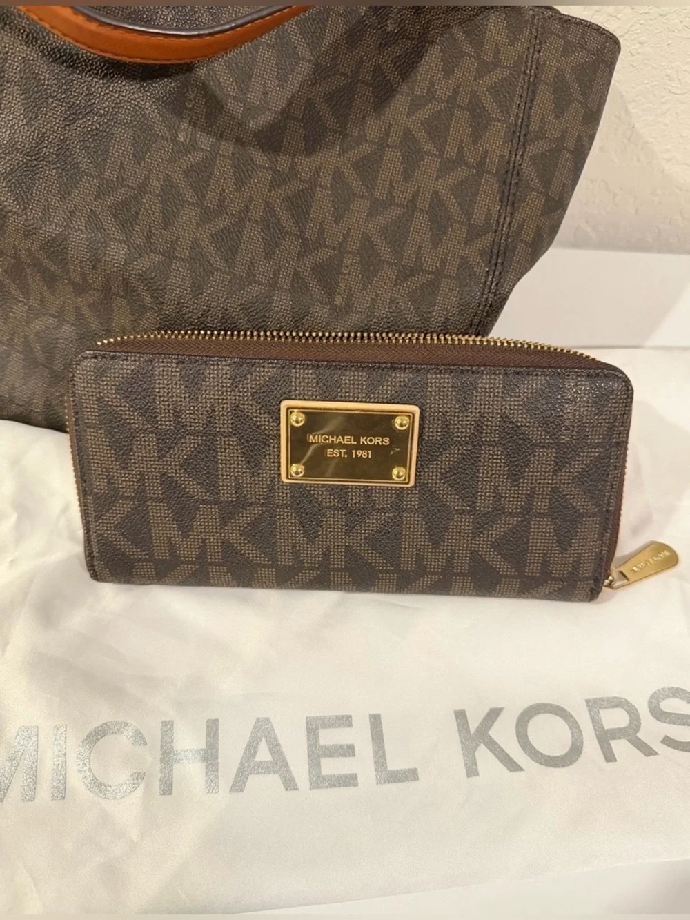 Michael Kors Dark Brown MK Monogram Tote with Zip Wallet